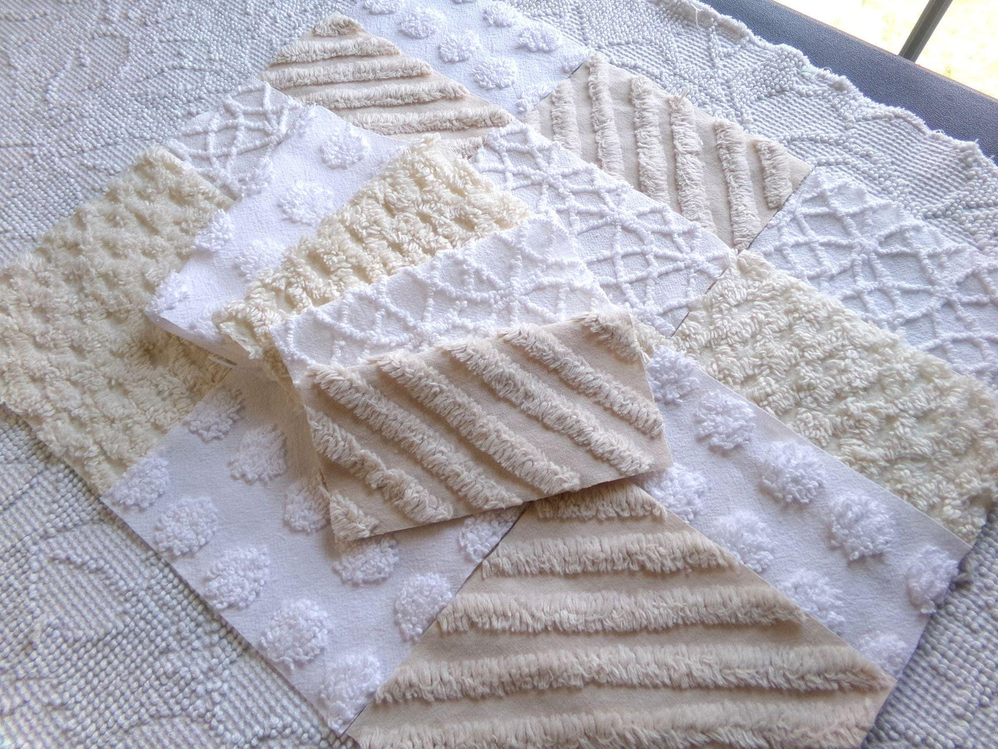 chic neutral chenille fabric squares, set of 16 vintage tan & white quilt blocks 6" ea, coin dot, geometric, infinity, for crafts, quilting