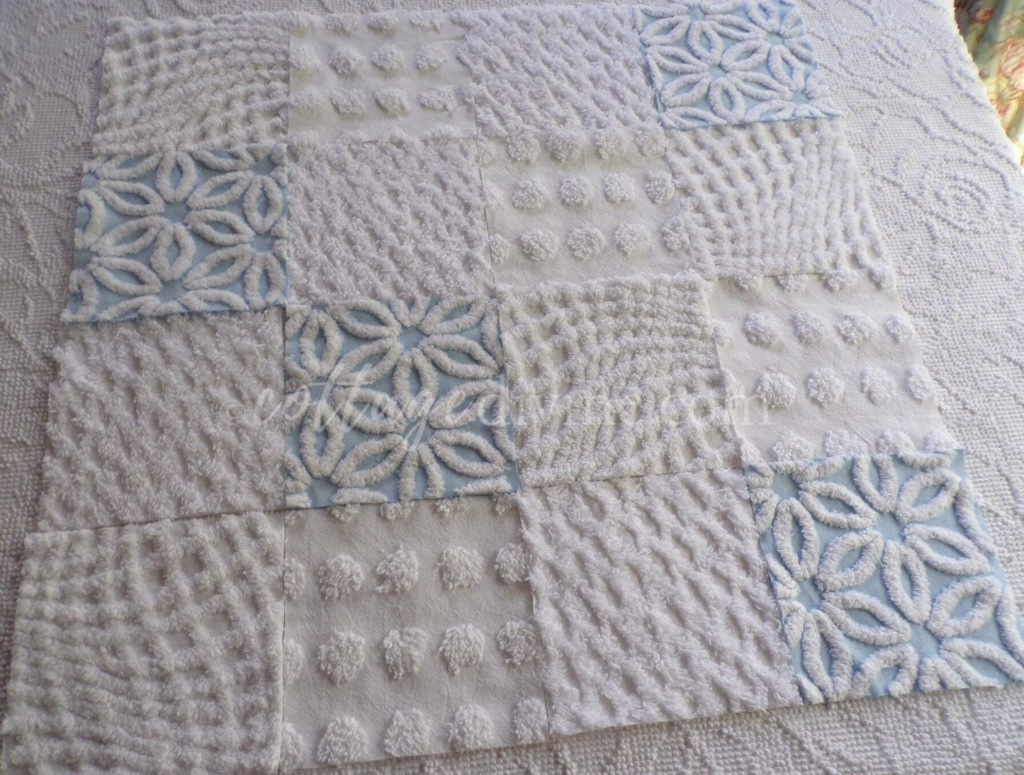 Coastal Chic Chenille Quilt Squares Set from Vintage Bedspread Fabric, 16 Blocks, 6" x 6" inch