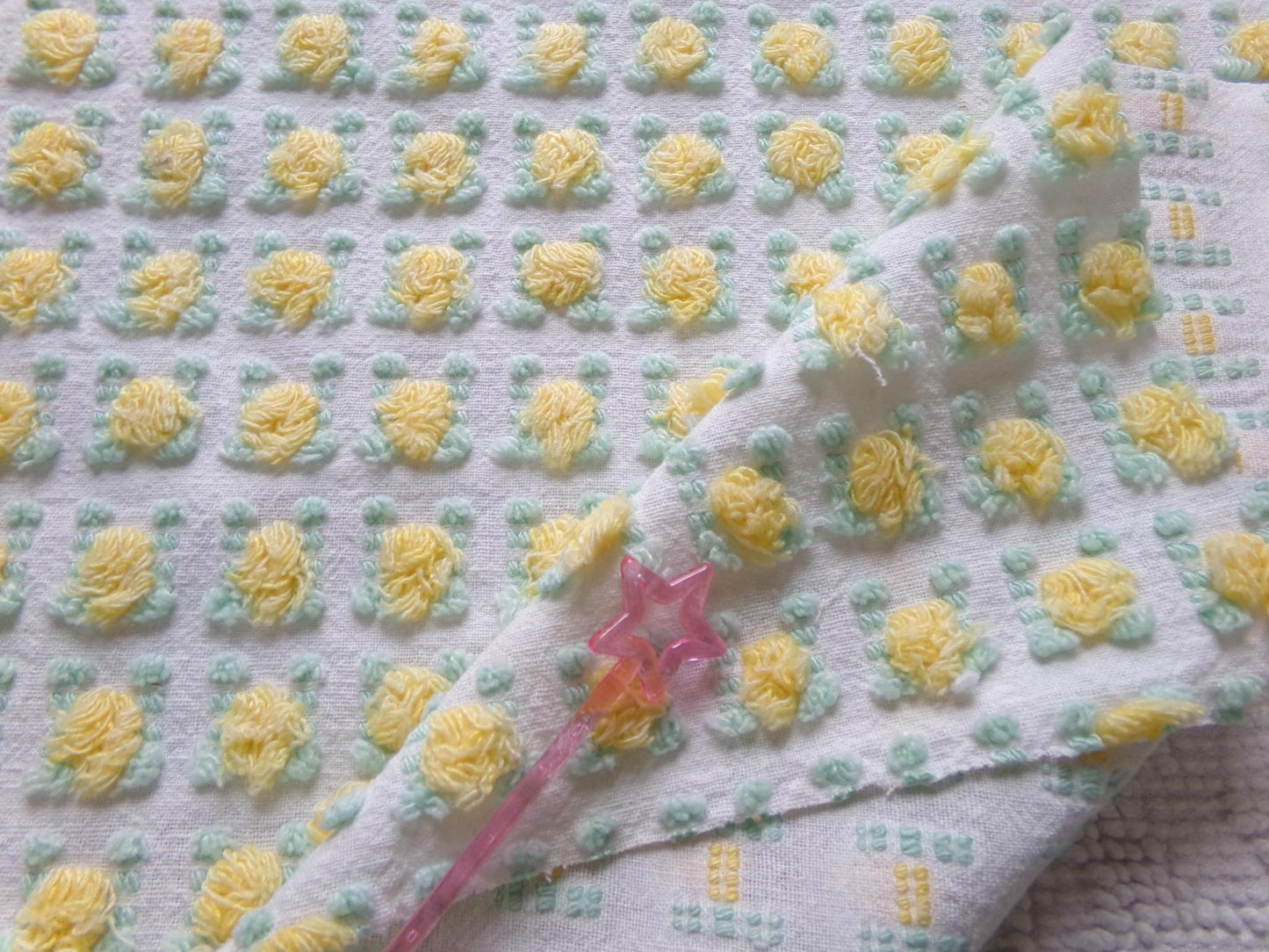 playful yellow rosebud vintage chenille fabric, cheerful lemon rose 18" x 24" inch piece of quilt fabric for sewing & crafts