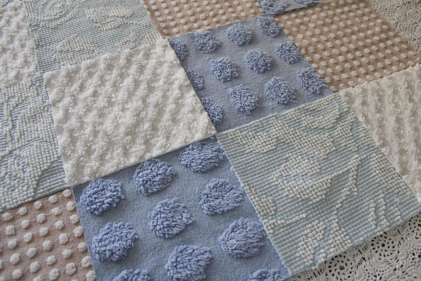 Serene Shores Vintage Chenille Fabric Squares, Blue, White & Sand Craft Square Set, 16 Blocks, 6" x 6" inch, Modern Chic