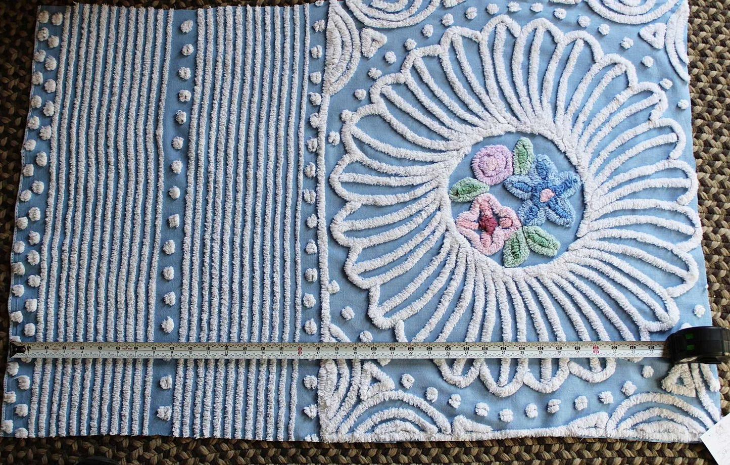 shabby chic vintage chenille fabric, exquisite daisy floral design, 37" x 23" piece, 100% cotton sewing material for wall hanging, quilts