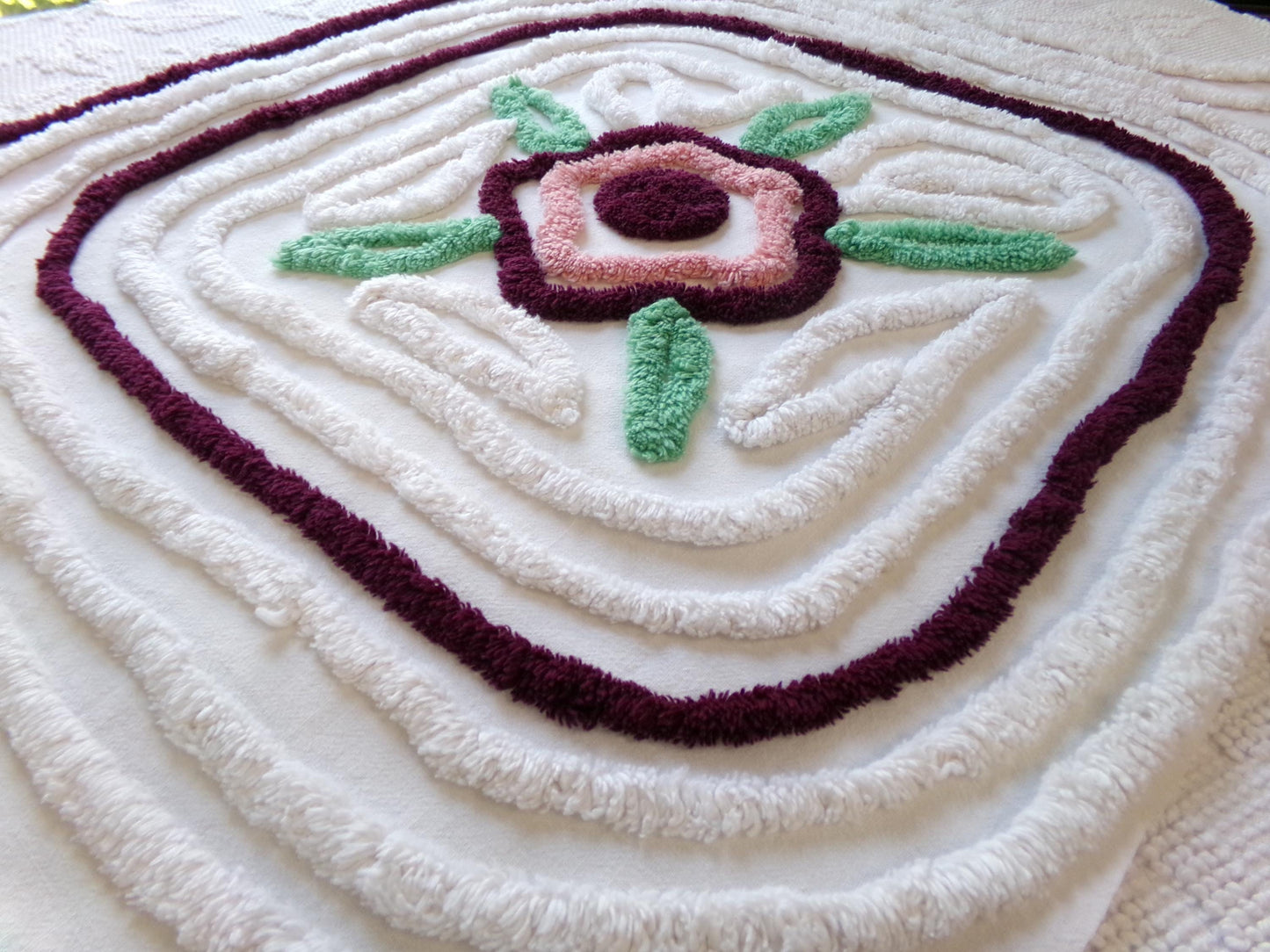 Rose Mauve Vintage Chenille Fabric, 19" x 23" Piece of Radiating Swirl White Cotton Sewing Material Upcycle into Pillows, Quilts