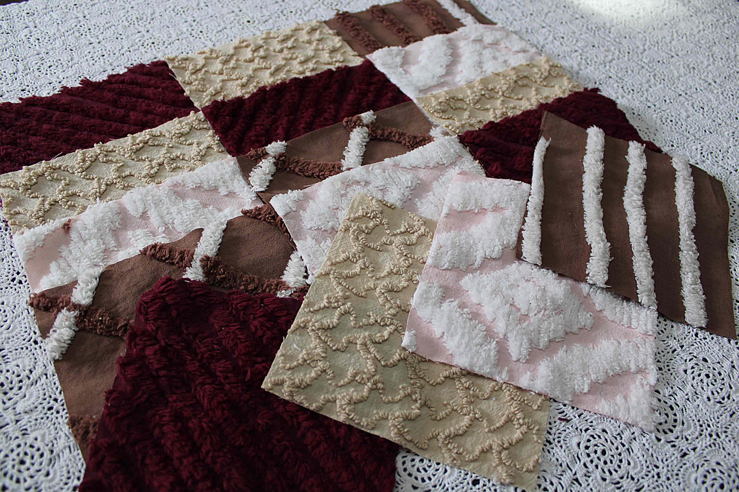 chocolate raspberry chenille fabric squares, 16 vintage quilt blocks, 6" x 6" inches ea, great shades of brown, merlot, mocha, white