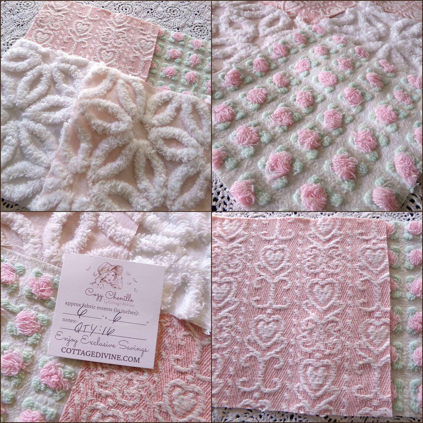 Pink Mix Vintage Woven & Chenille Fabric Squares, Daisy, Rosebud, Hearts Quilt Square Set, 16 Blocks 6" x 6" inch for Pillows, Doll Blankets