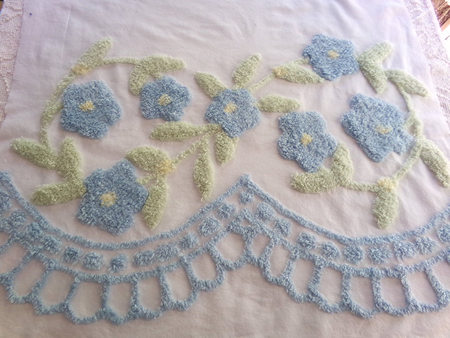 Blooming Blue Flowers Vintage Style Chenille Fabric, 24" x 28" inch Piece, 100% Cotton with Plush Florals, Great for Pillows