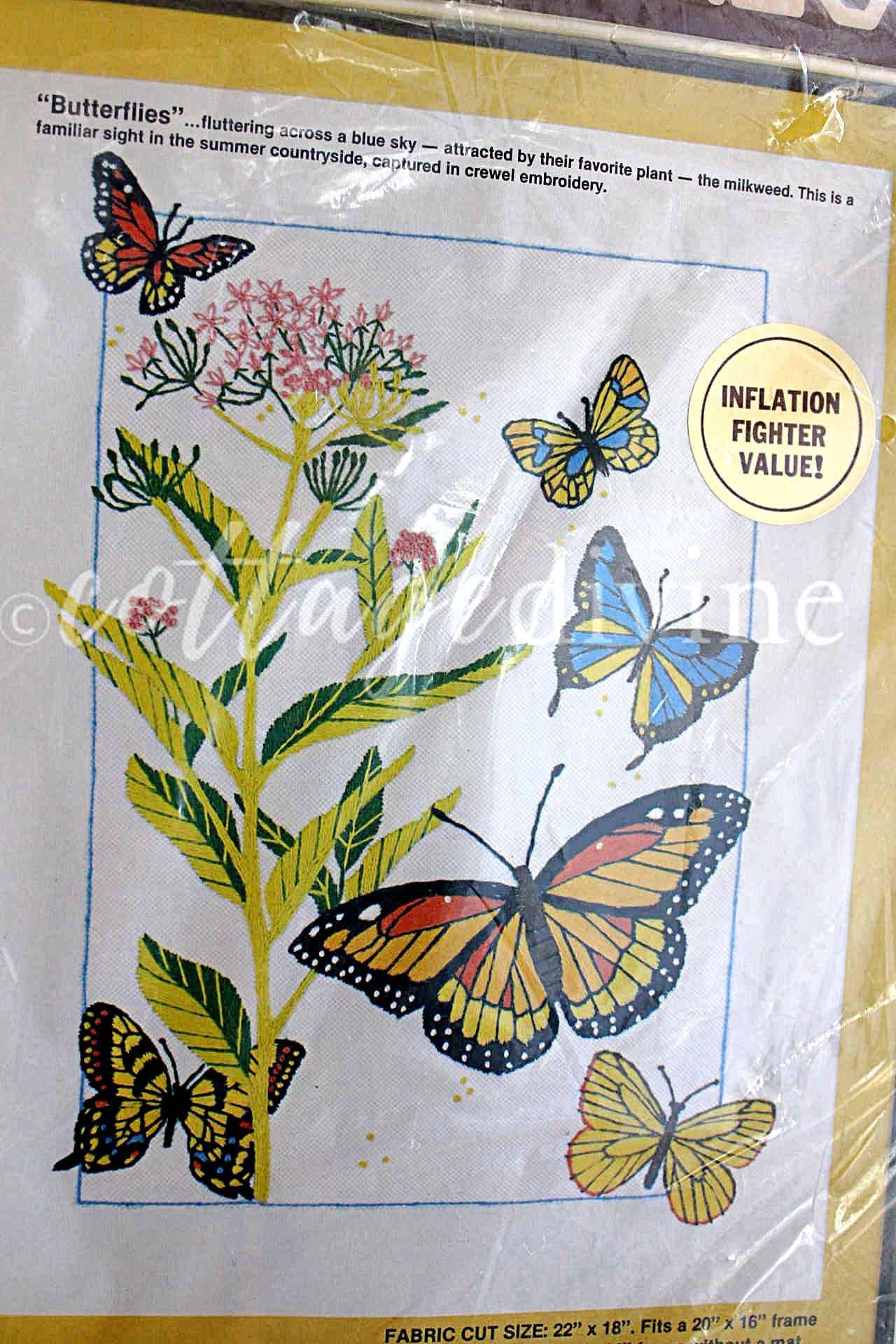BUTTERFLIES Crewel Stitchery Kit, Vintage Paragon Needlecraft Embroidery, Natural Earthy Hippie Design, Georgia Ball, # 0947