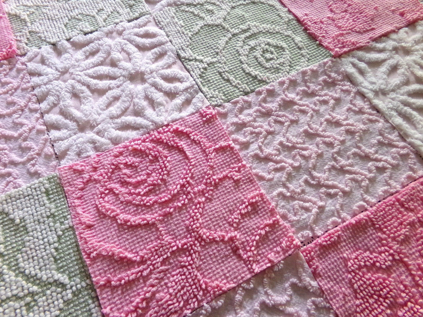 Flower Lady Vintage Chenille Squares, 16 Quilt Blocks, 6" inch in Sage Green, Petal Pink & Rose, from Chenille Bedspread Fabrics