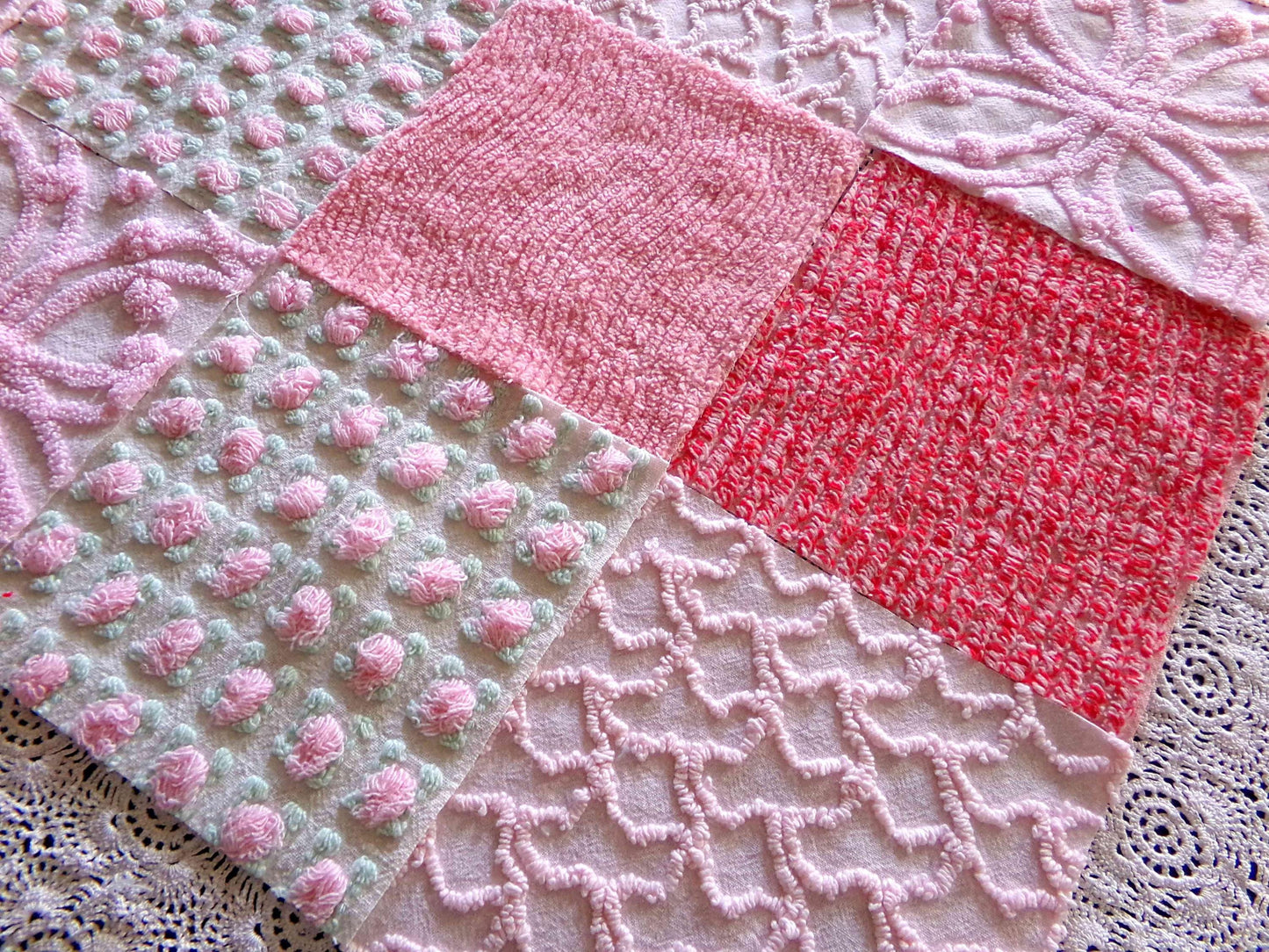Sweet Kisses Chenille Fabric Squares Set in Pink, Red, White, 17 Blocks, 6" inch ea, Great Range of Textures & a Pretty Flower Block