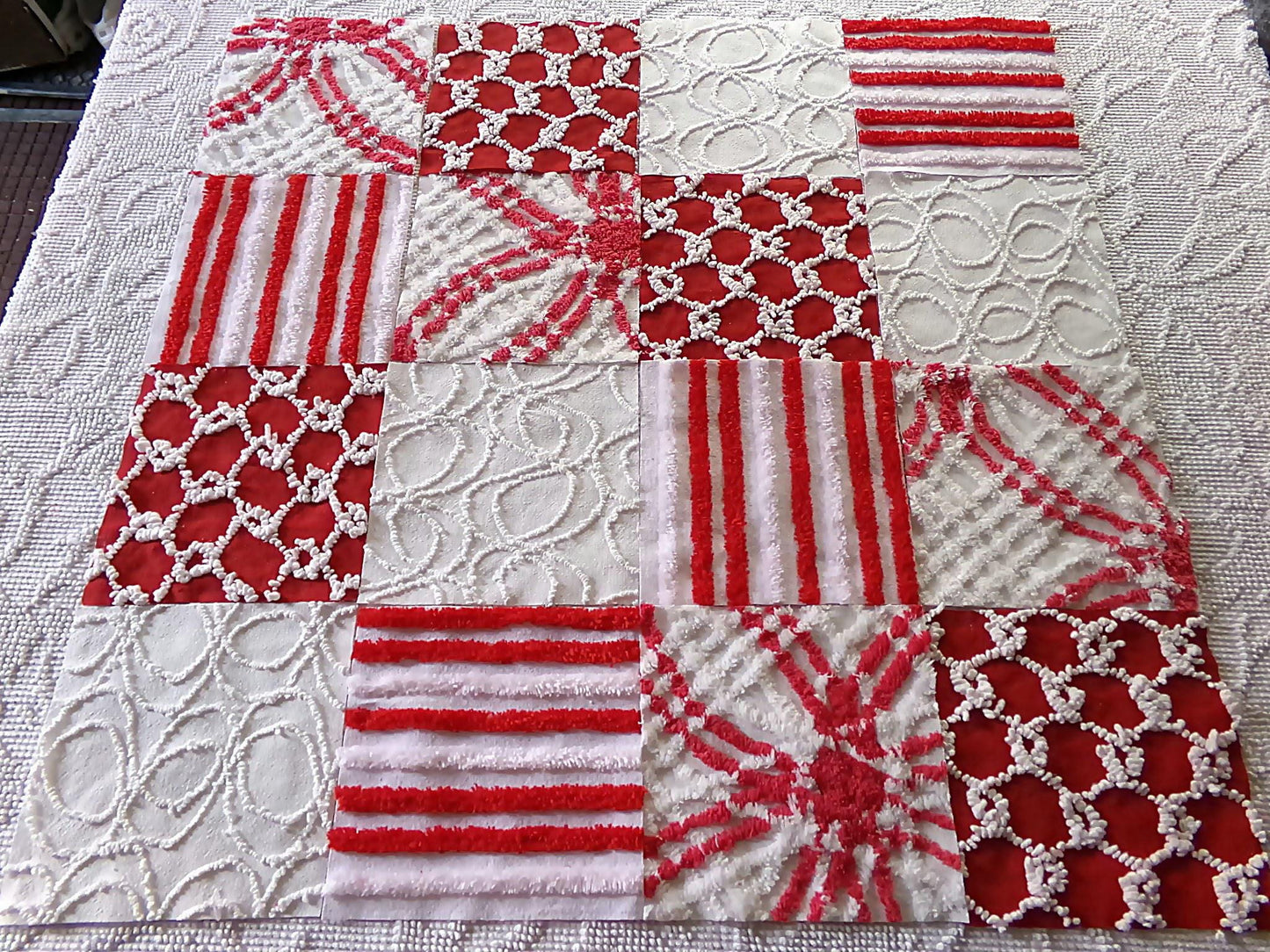 candy canes chenille fabric squares, red & white vintage craft square set of 16 blocks, 6" x 6" inch, great for Christmas stockings