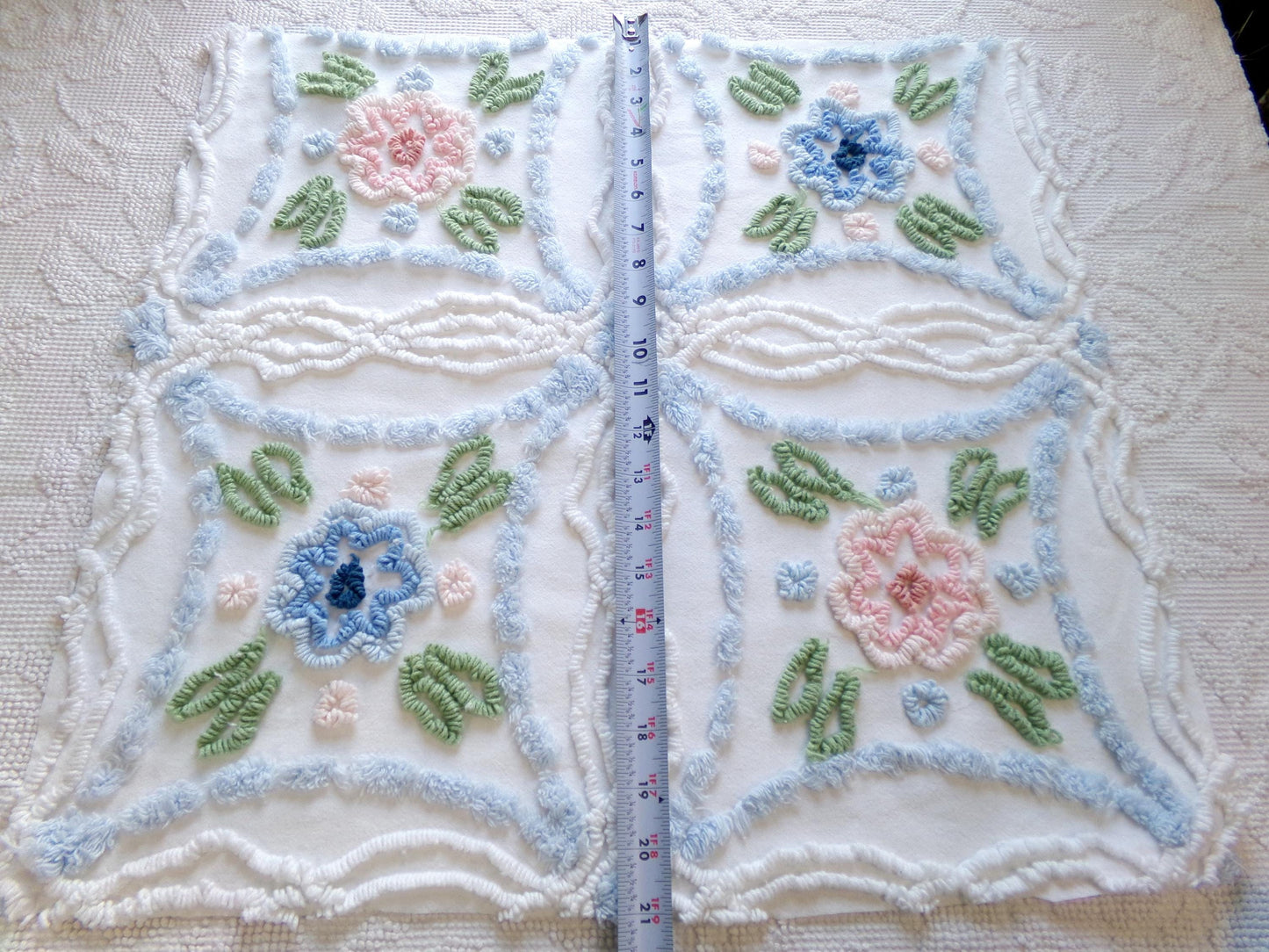 Country Cottage Chic Vintage Chenille Fabric, 20" x 21" Piece of Floral White Cotton Sewing Material, Upcycle into Pillows, Quilts
