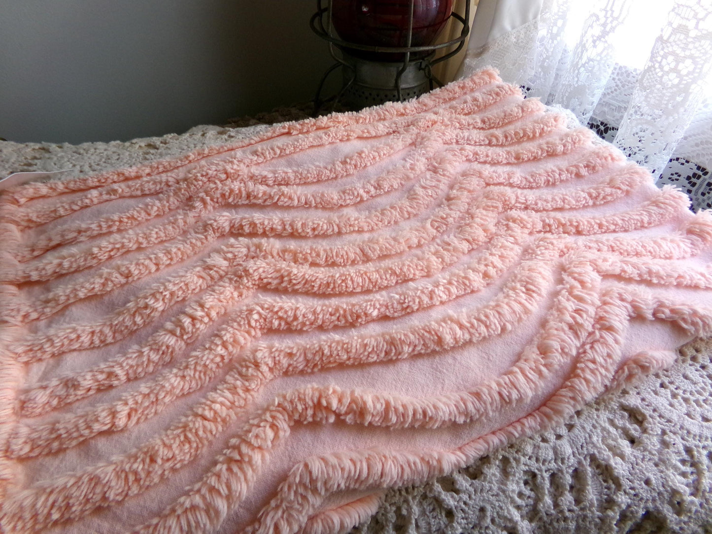 Fluffy Peach Waves Vintage Chenille Fabric, 17" x 24" inch Piece, Plush Ripple Pattern for Quilts, Pillows, Crafts & Sewing