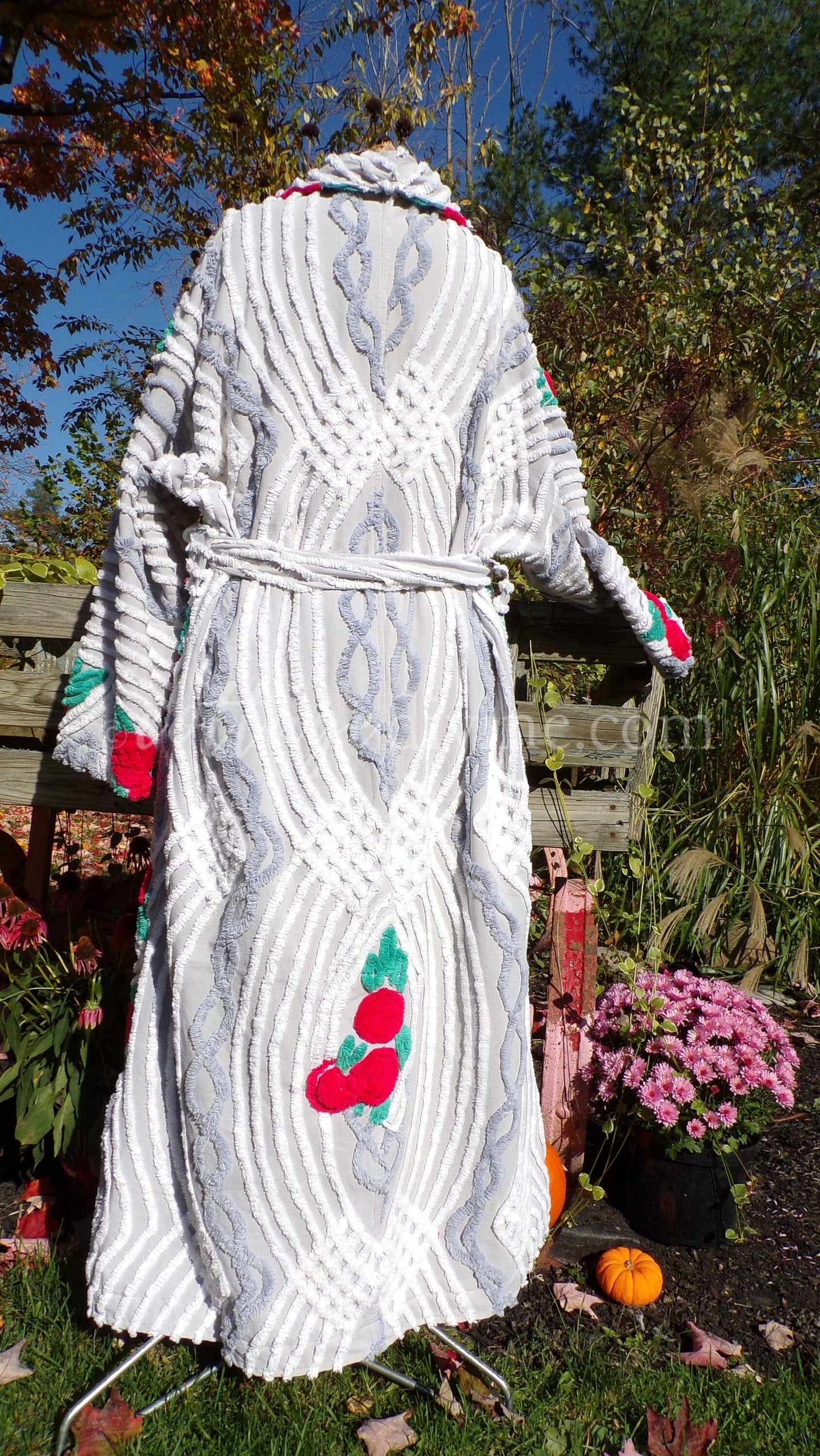 Plus Size Chenille Robe "Lovey Dovey" Red Roses Dove Grey Bathrobe Upcycled from WWII Era Vintage Chenille Bedspread, 1X, 2X Large