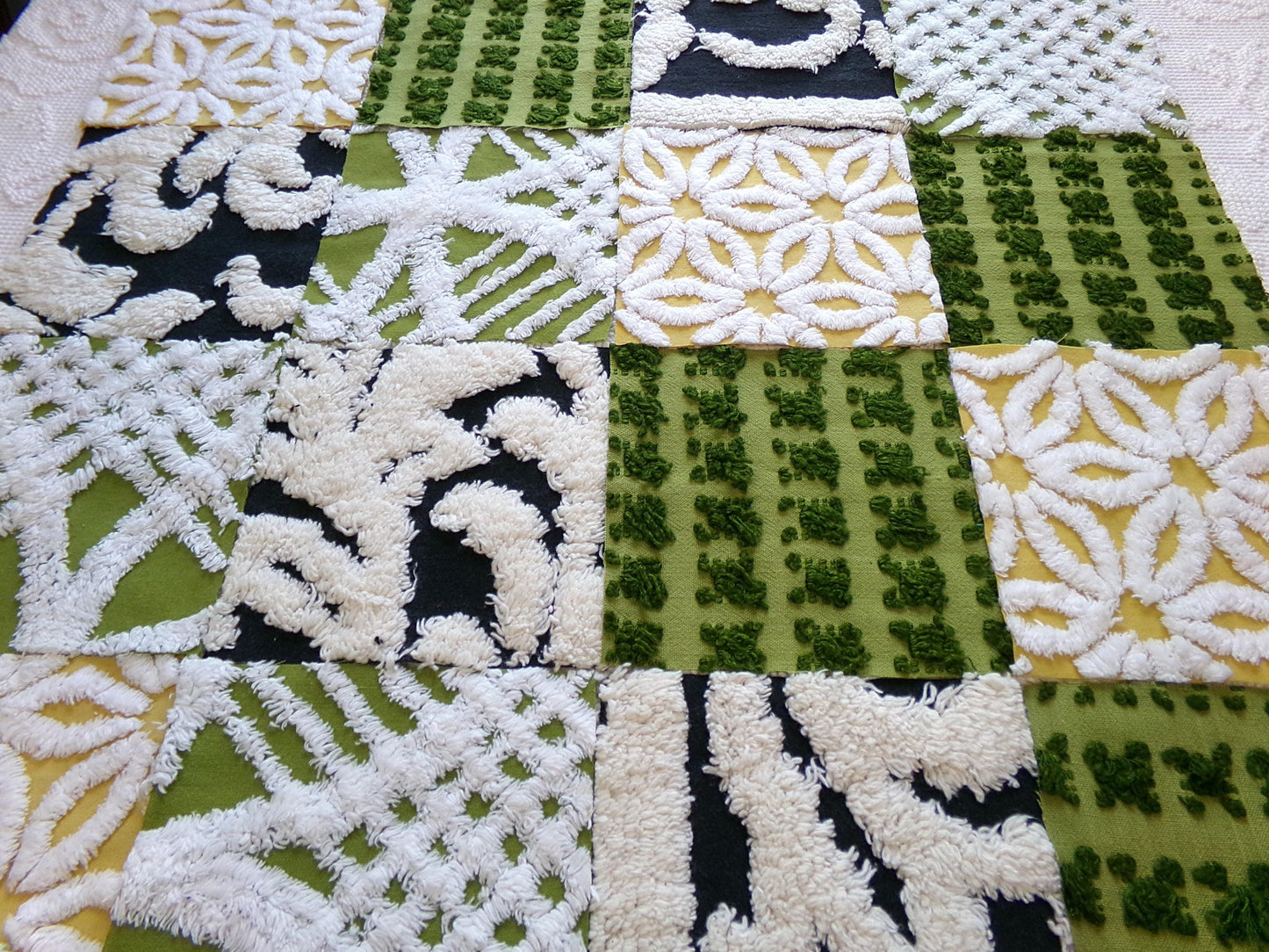 bewitching vintage chenille fabric squares, set of 16 black, green & gold 6" quilt blocks for crafts, sewing, diy pillow covers