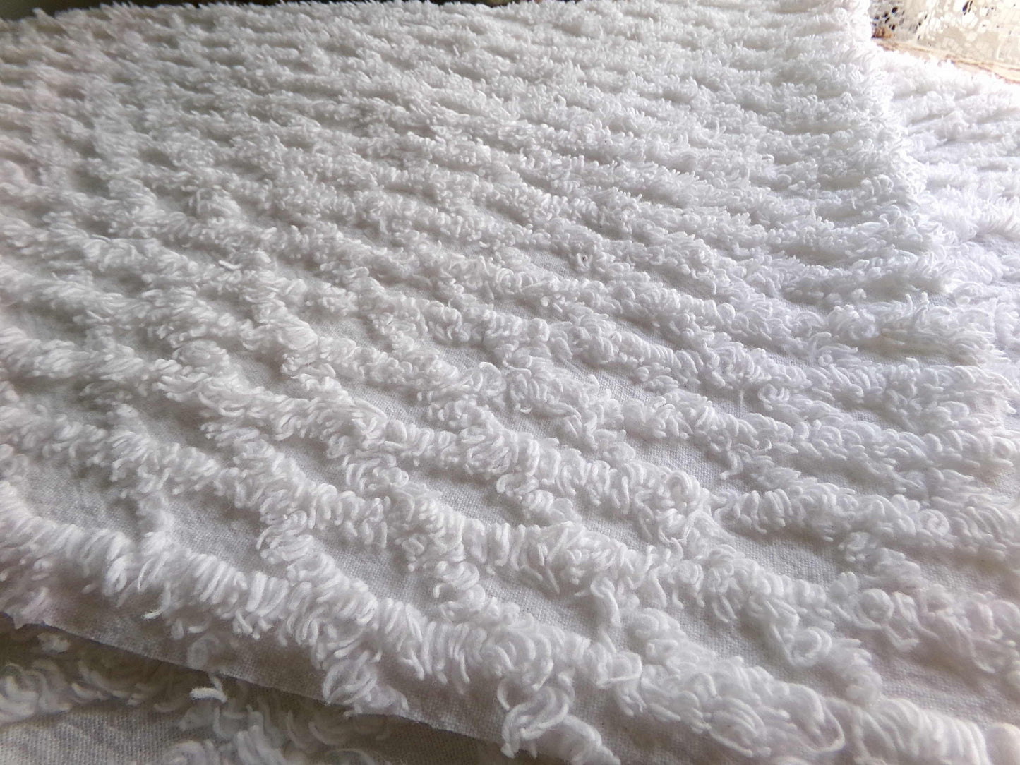 White Lattice Vintage Chenille Fabric, Simple Diamond Design, 18" x 24" inches Piece, 100% Cotton