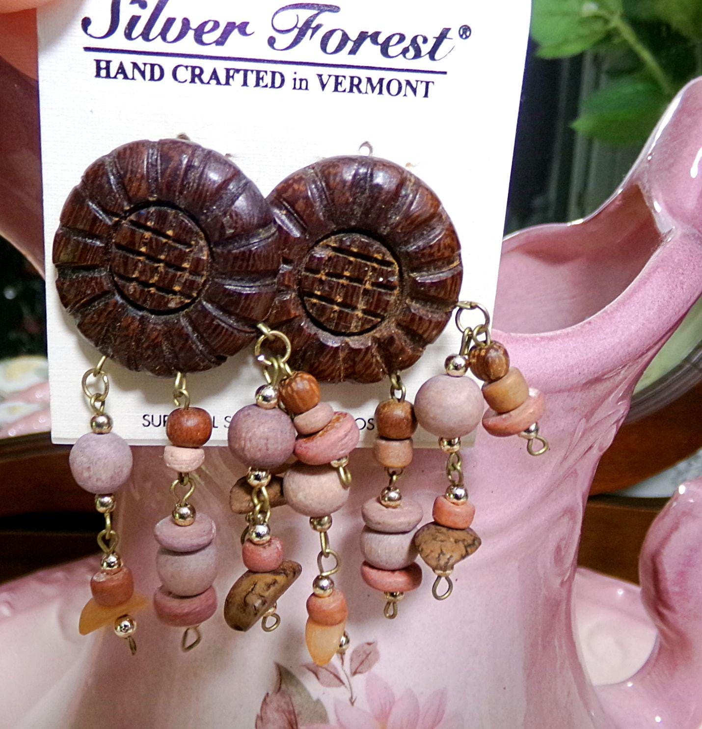 Carved Wood Daisy Dangle Pierced Earrings with Bangles, Vintage Silver Forest Vermont Hippie Boho Artisan Style