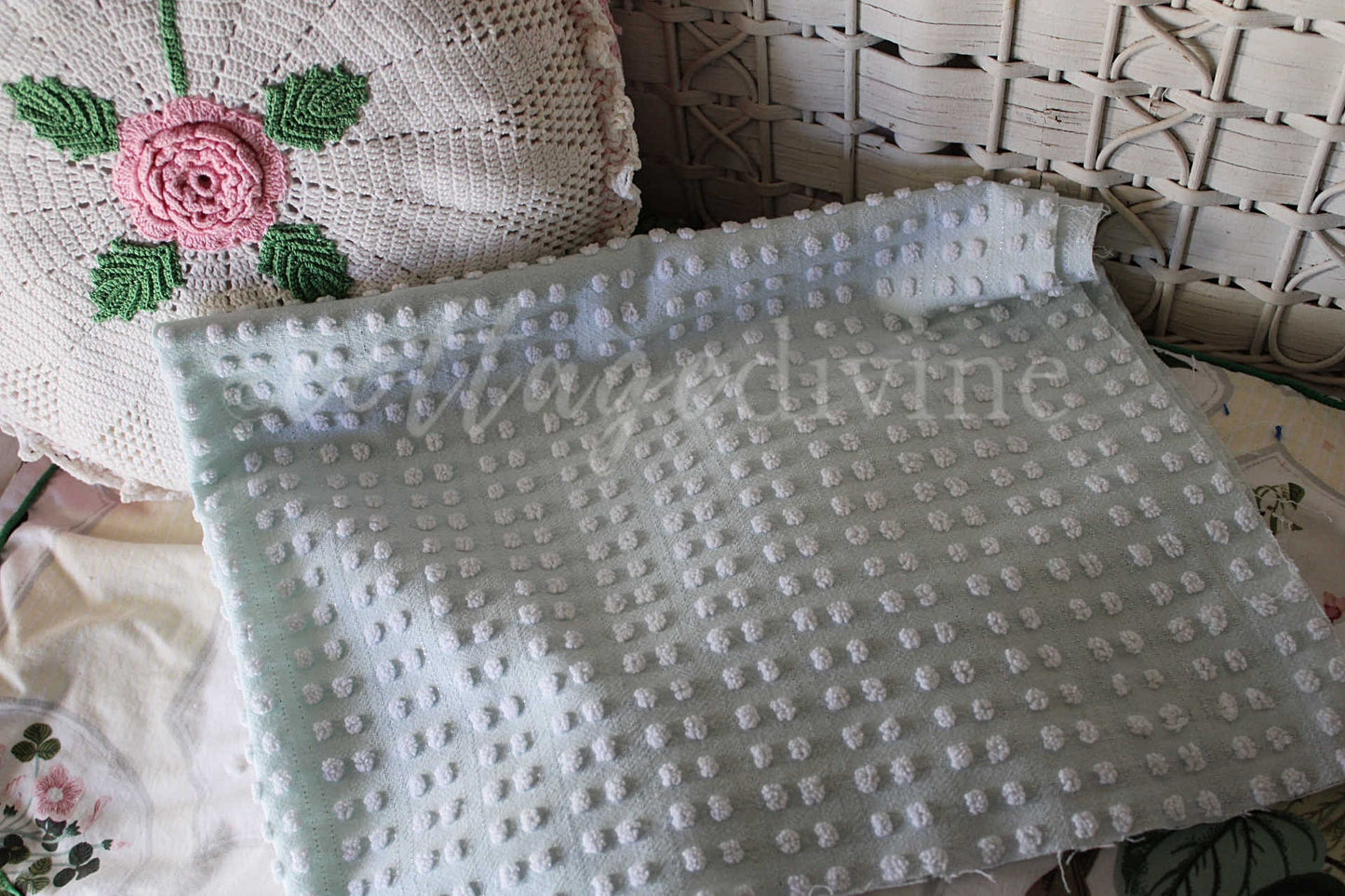 Pastel Aqua Shimmer Pop Vintage Chenille Fabric, 28" x 19" inch Piece, Versatile in Quilting & Craft Projects