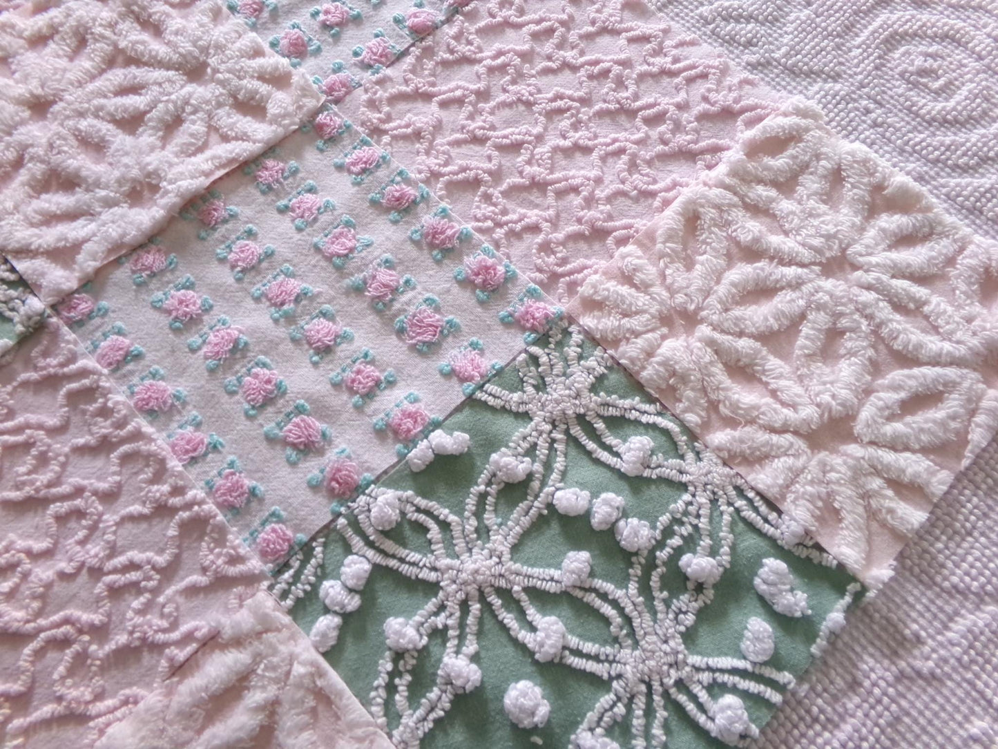 vintage chenille fabric quilt squares, "granny's garden" set of 16 blocks, 6" x 6" inch, pretty in rag quilts & patchwork pillows