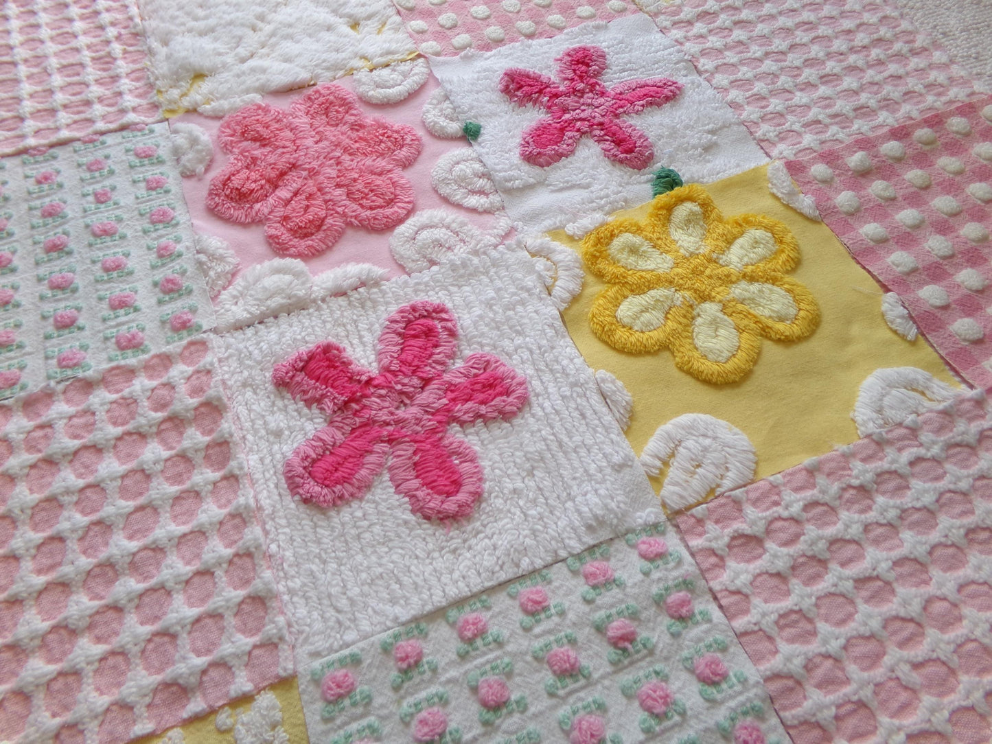 vintage chenille fabric squares, "spring sunrise" set of 16 floral 6" quilt blocks in yellow, pink & white