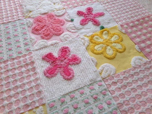 vintage chenille fabric squares, "spring sunrise" set of 16 floral 6" quilt blocks in yellow, pink & white
