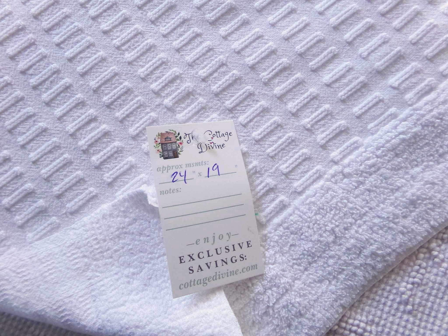 clean crisp white vintage chenille fabric: unique buttonhole design, 19" x 24" cut piece