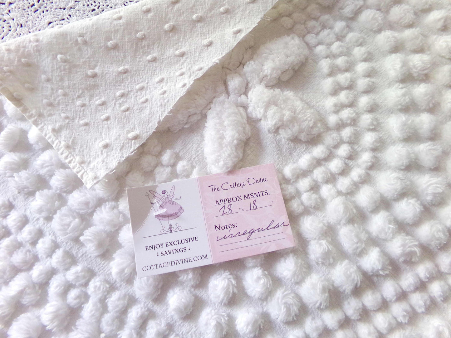sweet stars 3D vintage chenille fabric, 100% cotton antique white sewing material for pillows, handmade chenille quilts, 28" x 18" cut piece