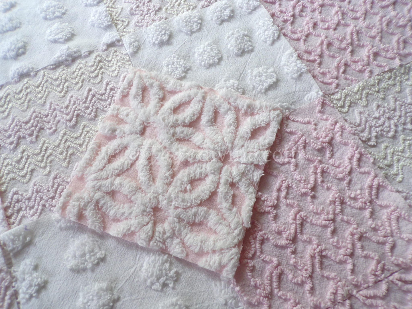 Dainty Pinks Chenille Quilt Squares Set from Vintage Bedspread Fabric, 16 Blocks, 6" x 6" inch