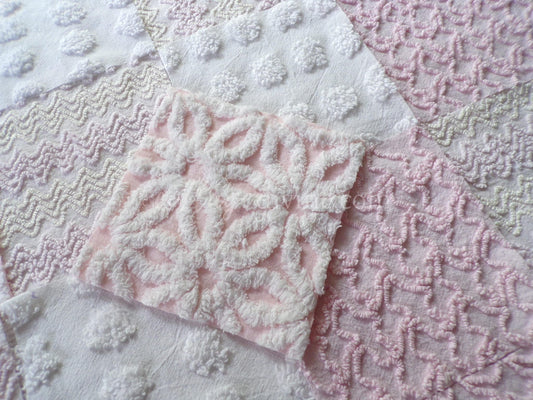 Dainty Pinks Chenille Quilt Squares Set from Vintage Bedspread Fabric, 16 Blocks, 6" x 6" inch