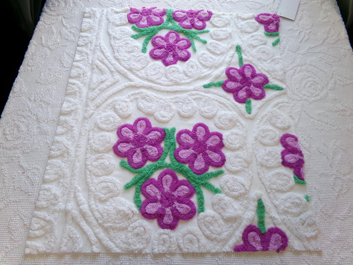 Lilac Garden Blooms Vintage Chenille Fabric, Pretty 22" x 20" Piece of Plush White Cotton Sewing Material Upcycle into Quilts & Crafts