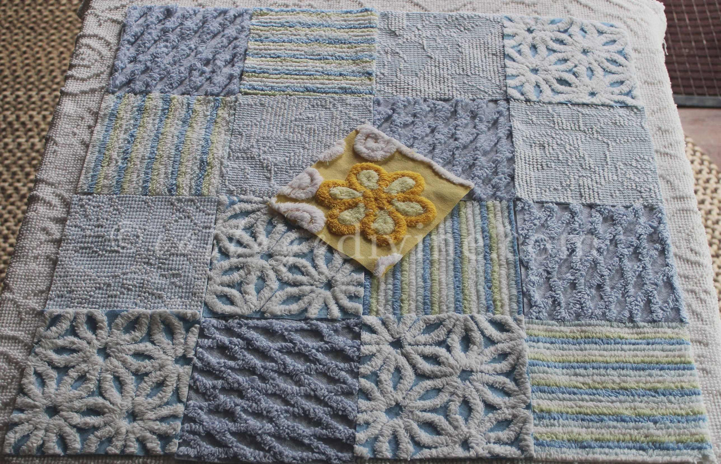 Coastal Morning Chenille Quilt Squares Set, from Vintage Bedspread Fabric, 16 Blocks, 6" inch & Extra Sunshine Flower Square