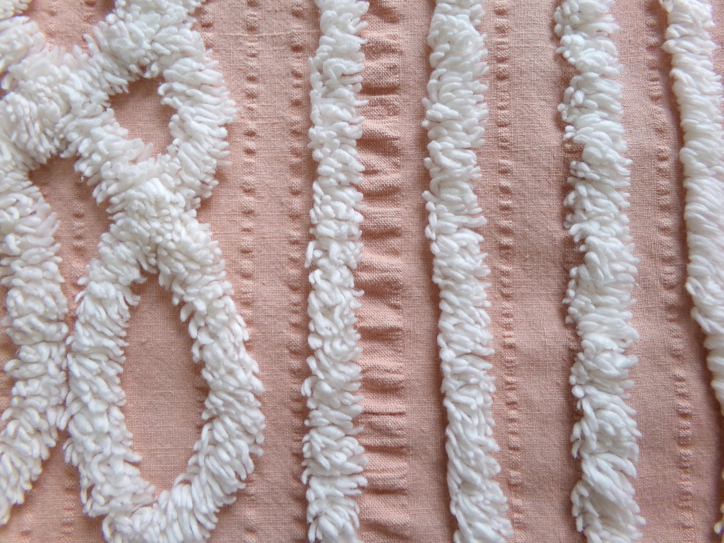 vintage chenille fabric: white geometric on peach cotton seersucker, 20" x 24" cut piece