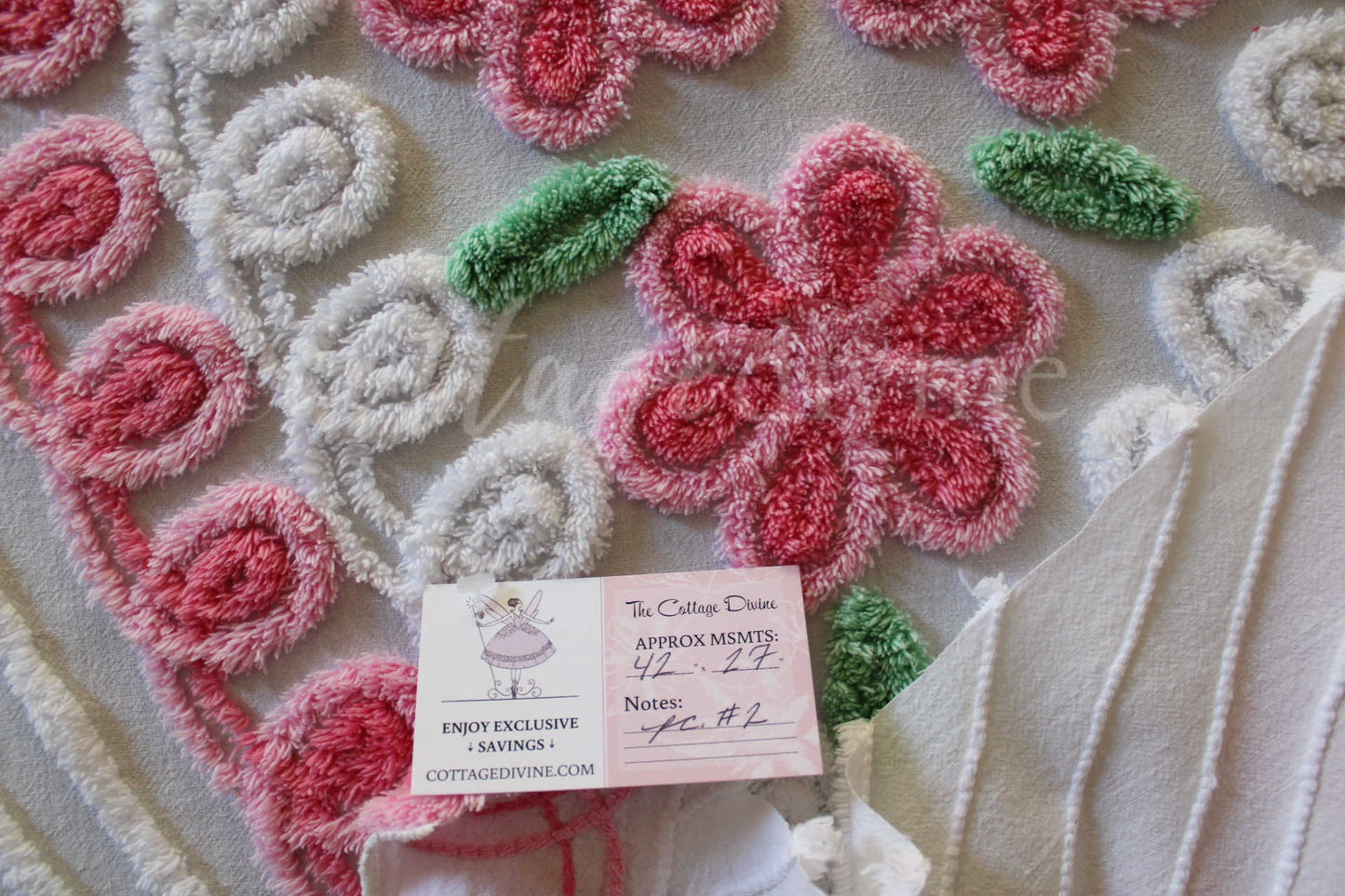 Pink Rose Candy Hearts Vintage Chenille Fabric, 27" x 42" Inch LARGE Piece, Cute Floral Trios on White Cotton, Great for Quilting & Pillows