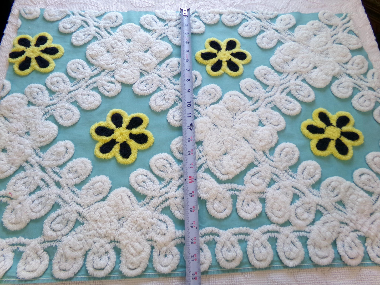 beach chic vintage chenille fabric, bubble white, seaglass blue, 21" x 30" piece of cotton sewing material for crafts, quilts, pillows