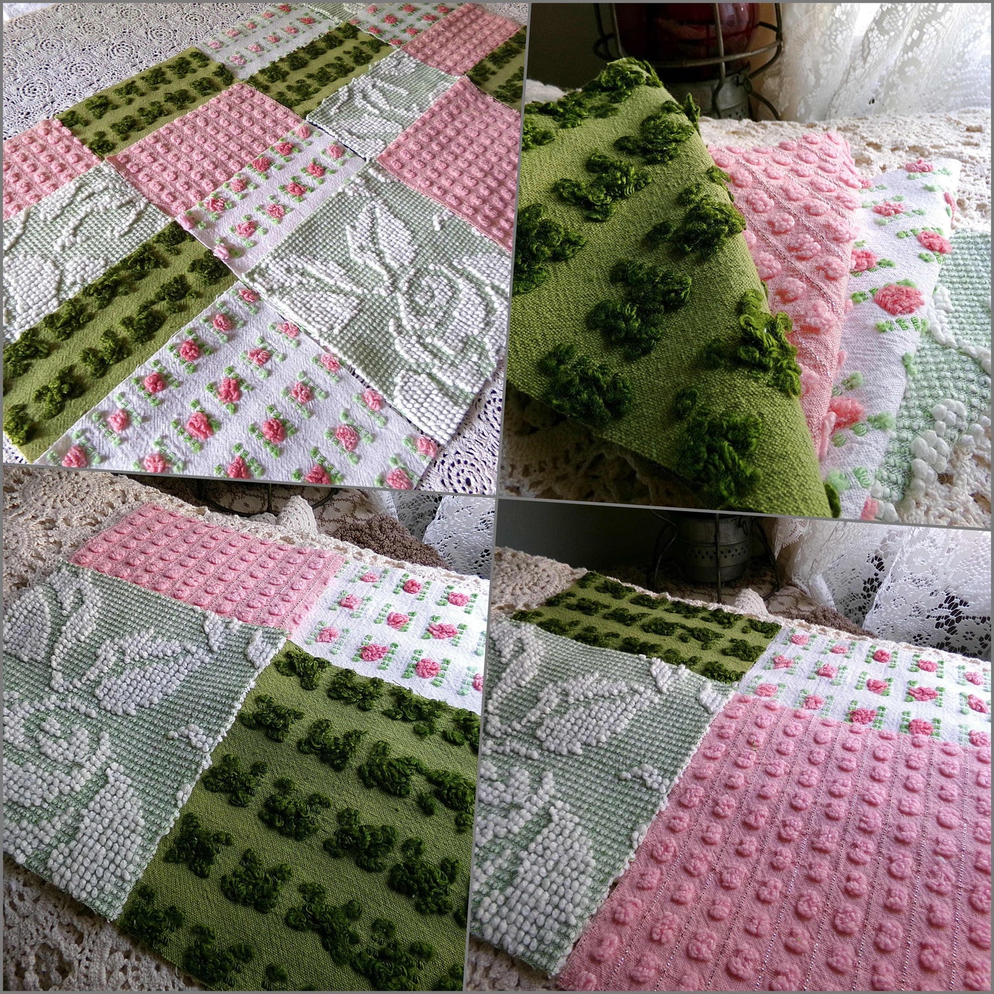 Olive & Ombre Rose Chenille Fabric Squares Set, Old Fashioned 16 Vintage Quilt Blocks, 6" x 6" inches each, for Quilting, Sewing, Pillows