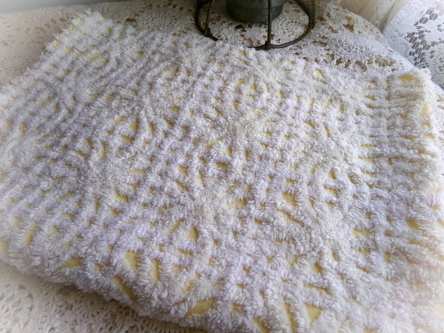 buttercup yellow vintage chenille fabric with thickly tufted spider tufts, 19" x 26" inch piece of quilt material for sewing & crafts