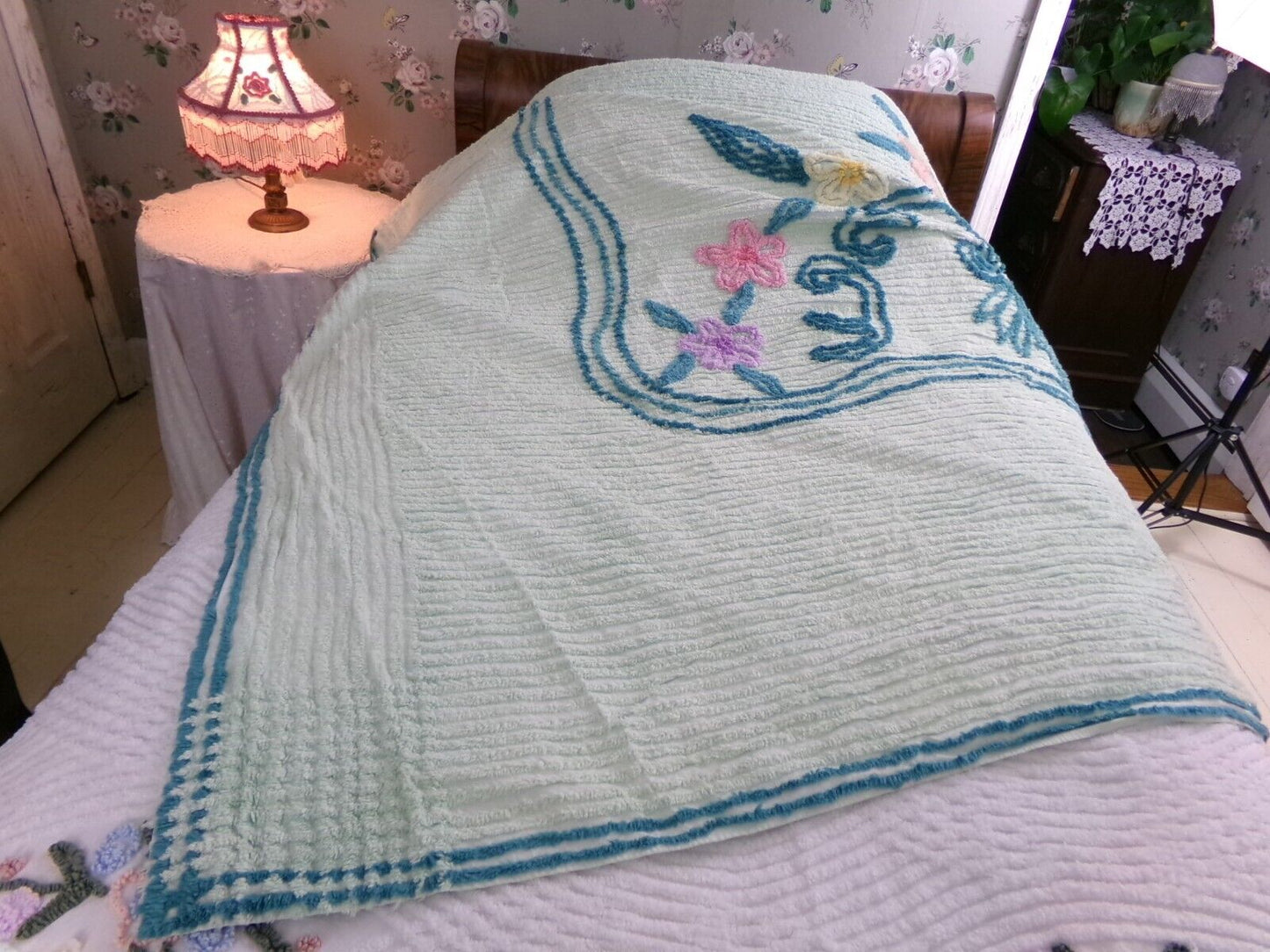 Mint Green Vintage Full Chenille Bedspread Midcentury Sprawling Scroll Floral Design