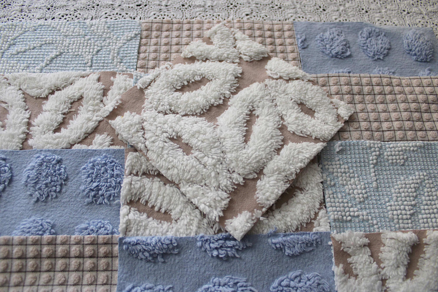 Beach Walk Vintage Chenille Fabric Squares, Blue, White & Sand Craft Square Set, 16 Blocks, 6" x 6" inch, Modern Chic