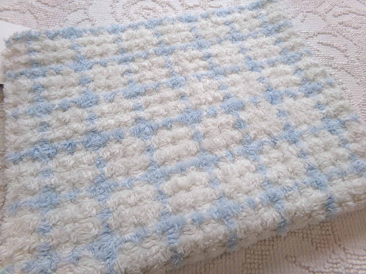 blue & white check vintage chenille fabric, cottage style plaid design, 20" x 24" cut piece for quilting, pillows