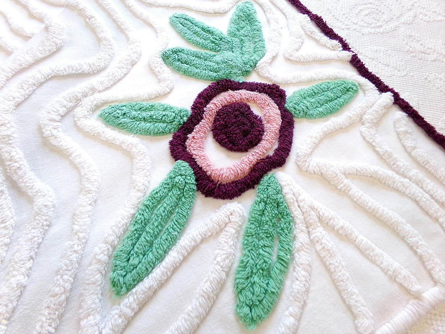 Berry Mauve Blooms Vintage Chenille Fabric, Large 22" x 37" Piece of Plush Swirl White Cotton Sewing Material Upcycle into Quilts & Crafts