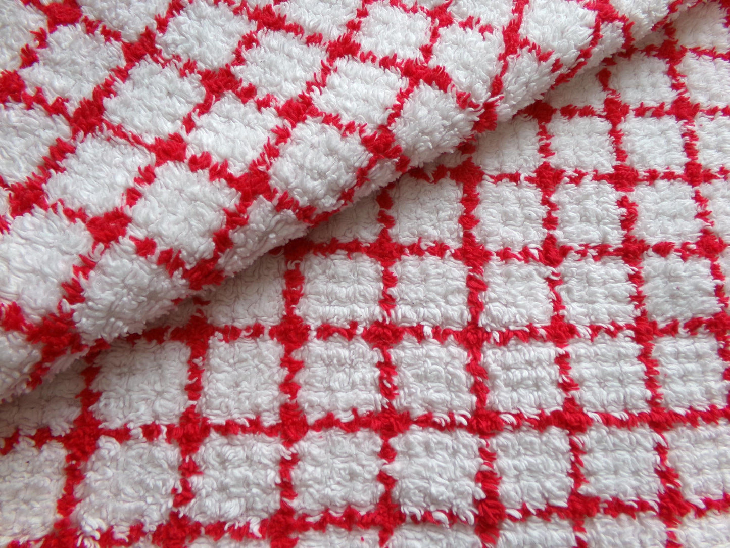 red & white cubes vintage chenille fabric, peppermint micro plaid pattern, 18" x 24" cut piece for xmas stockings, Christmas quilts