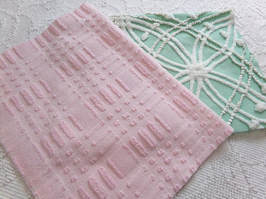 Vintage Chenille Fabric: 2 Pieces Quilt Material 12" x 18" each in Jade Green Tufts & Ballet Pink Dash Dots