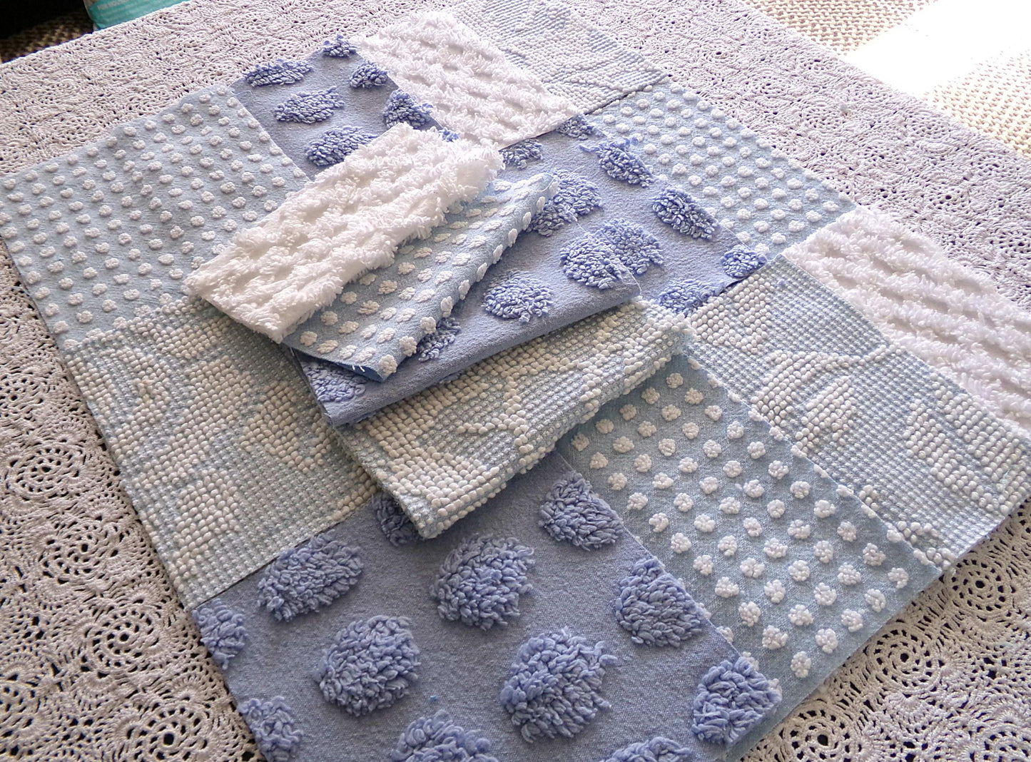 Cool Blues Chenille Fabric Squares for Quilting & Crafts in Vintage Blue, White - 16 Rotary Cut Blocks, 6" x 6" inch