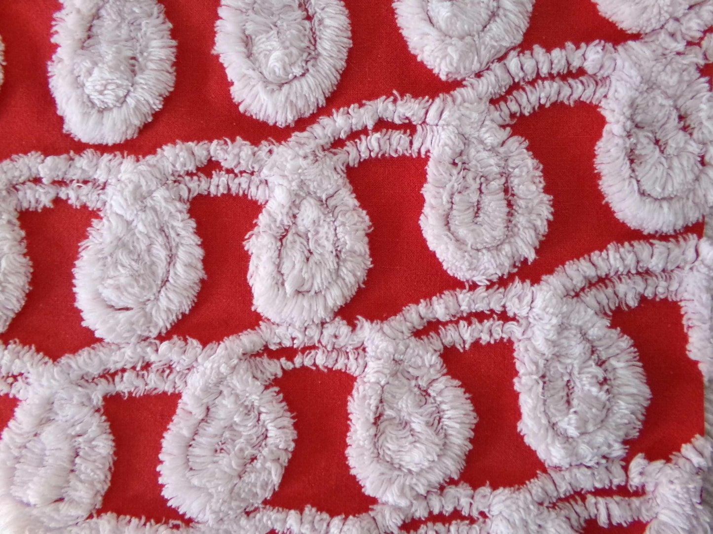 rare white curlicues on red fabric, 15" x 26" inch piece of vintage chenille bedspread material for sewing & quilting