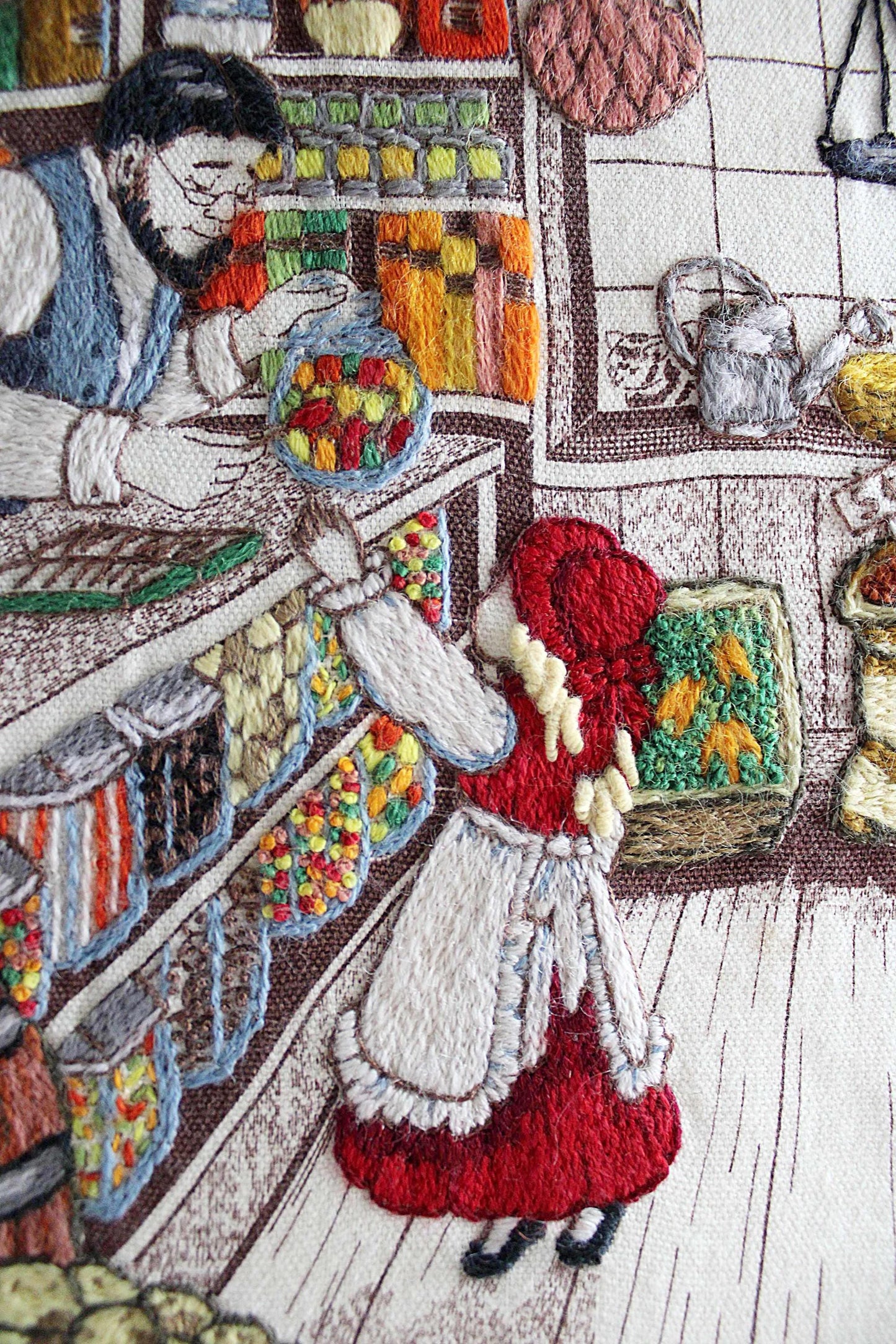 Old-Fashioned Country Store Crewel Embroidery Piece, "Penny Candy"" Completed Stitchery, Vintage Paragon Needlecraft, Outstanding Needlework