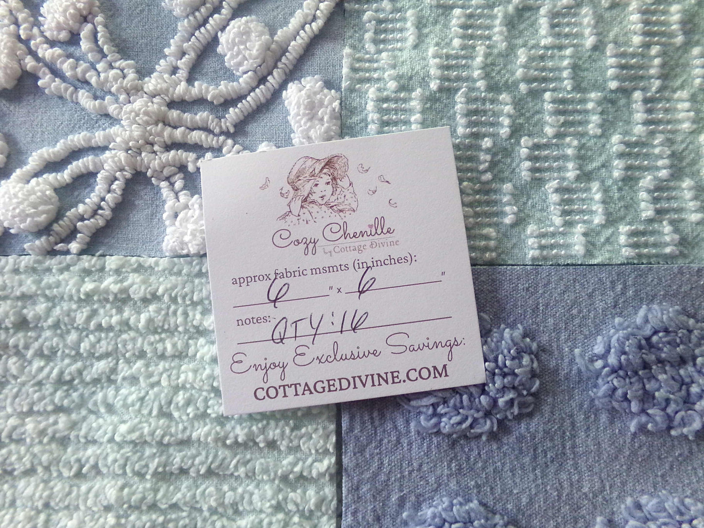 Spa Day Chenille Fabric Squares Set, 16 Vintage Quilt Blocks, 6" inch in Blue, Cool Aqua & White