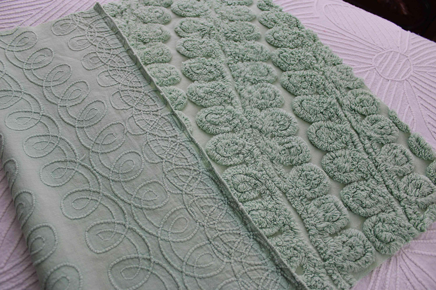 Fluffy Mint Ice Cream Swirl Vintage Chenille Fabric, Plush 20" x 26" inch piece in looping curlicues pattern