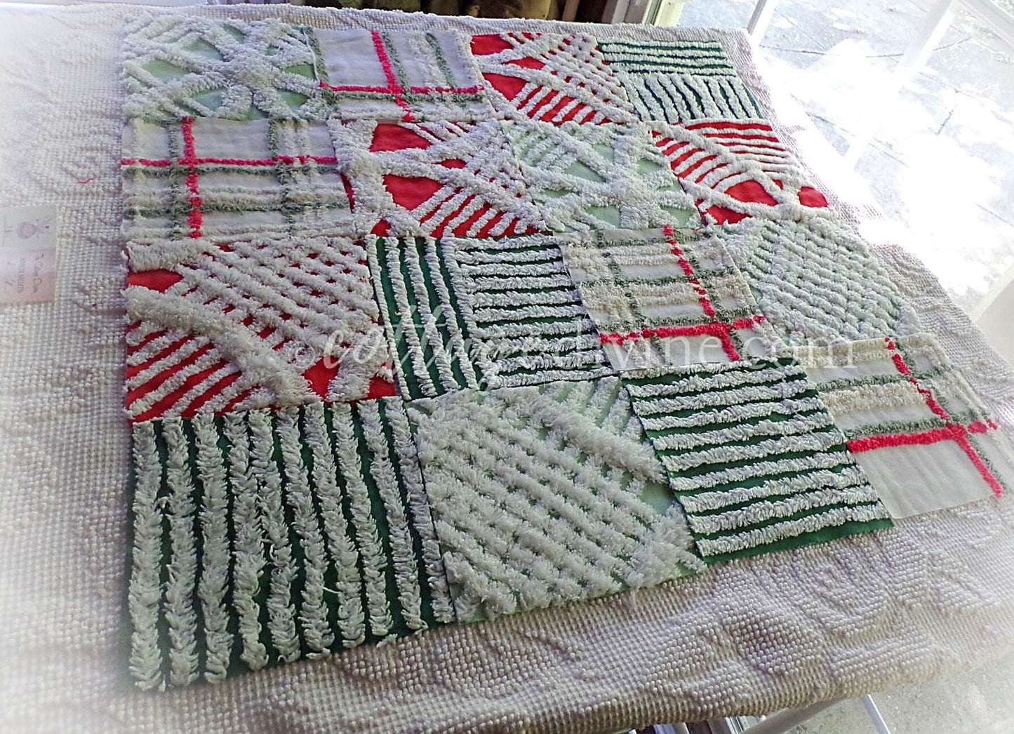 Christmas Quilt Squares Set, Rotary Cut from Vintage Chenille Bedspread Fabric, 16 Blocks, 6" x 6" inch, Traditional Red, Green & White