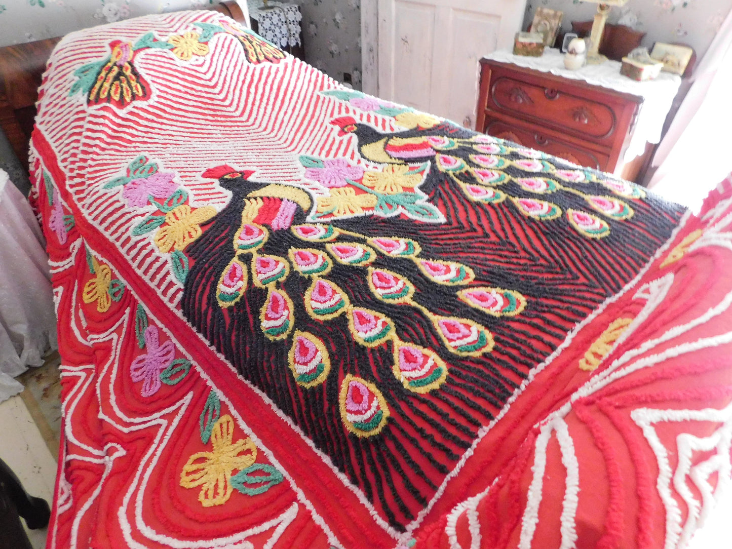 Vivid Red Peacock Vintage Chenille Bedspread, Rainbow Lovebirds with Gothic Black Feathers, 100% Cotton Full Size Bedding