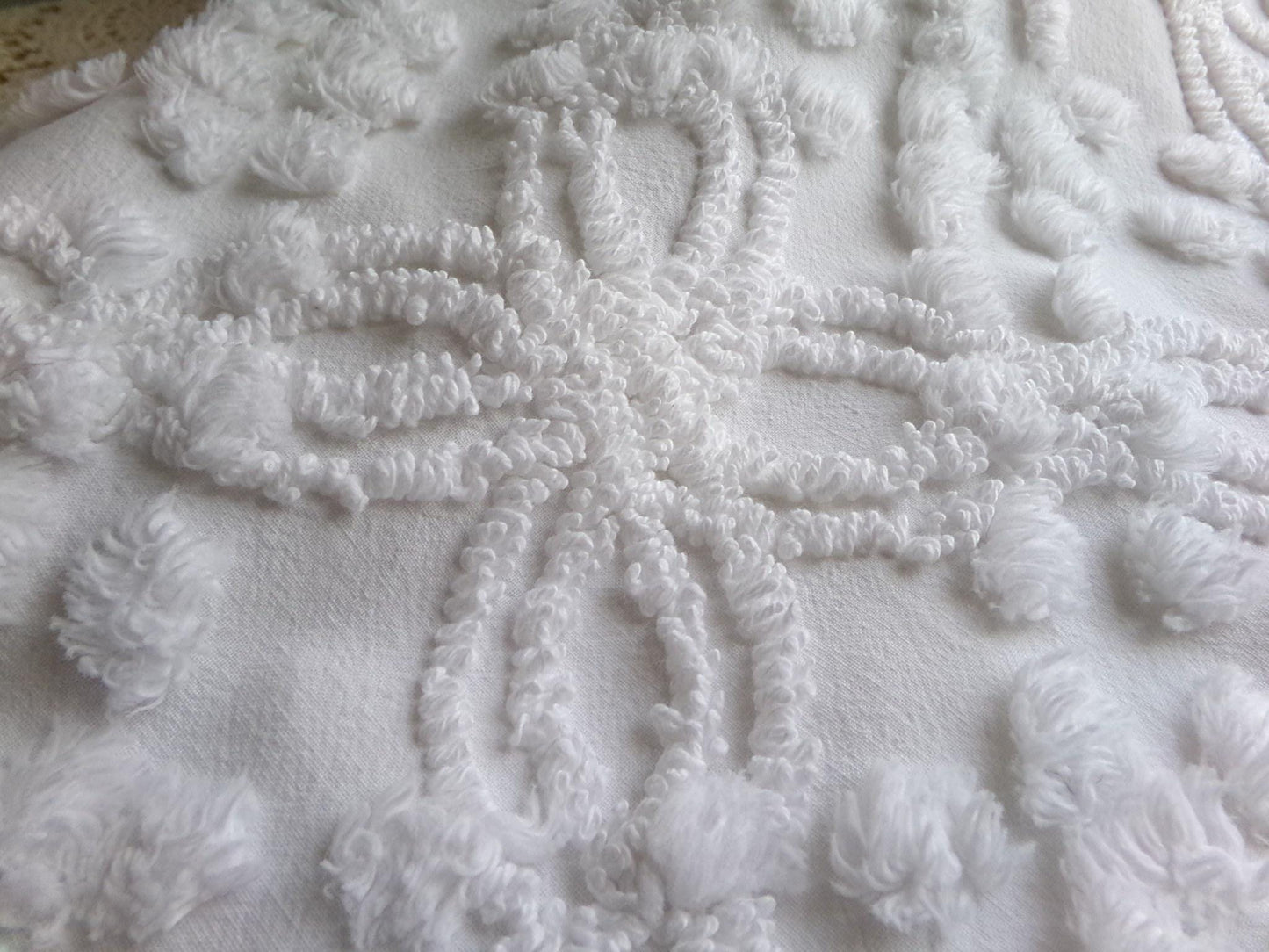 classic white vintage chenille fabric, versatile sewing material for quilting and crafts, 23" x 25" inch piece with wedding rings & pops