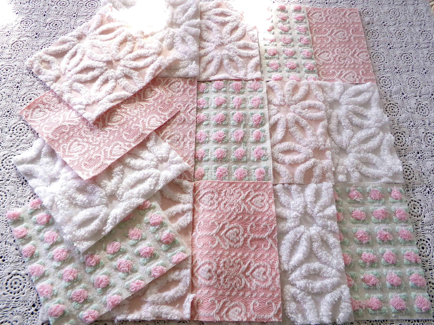 Pink Mix Vintage Woven & Chenille Fabric Squares, Daisy, Rosebud, Hearts Quilt Square Set, 16 Blocks 6" x 6" inch for Pillows, Doll Blankets