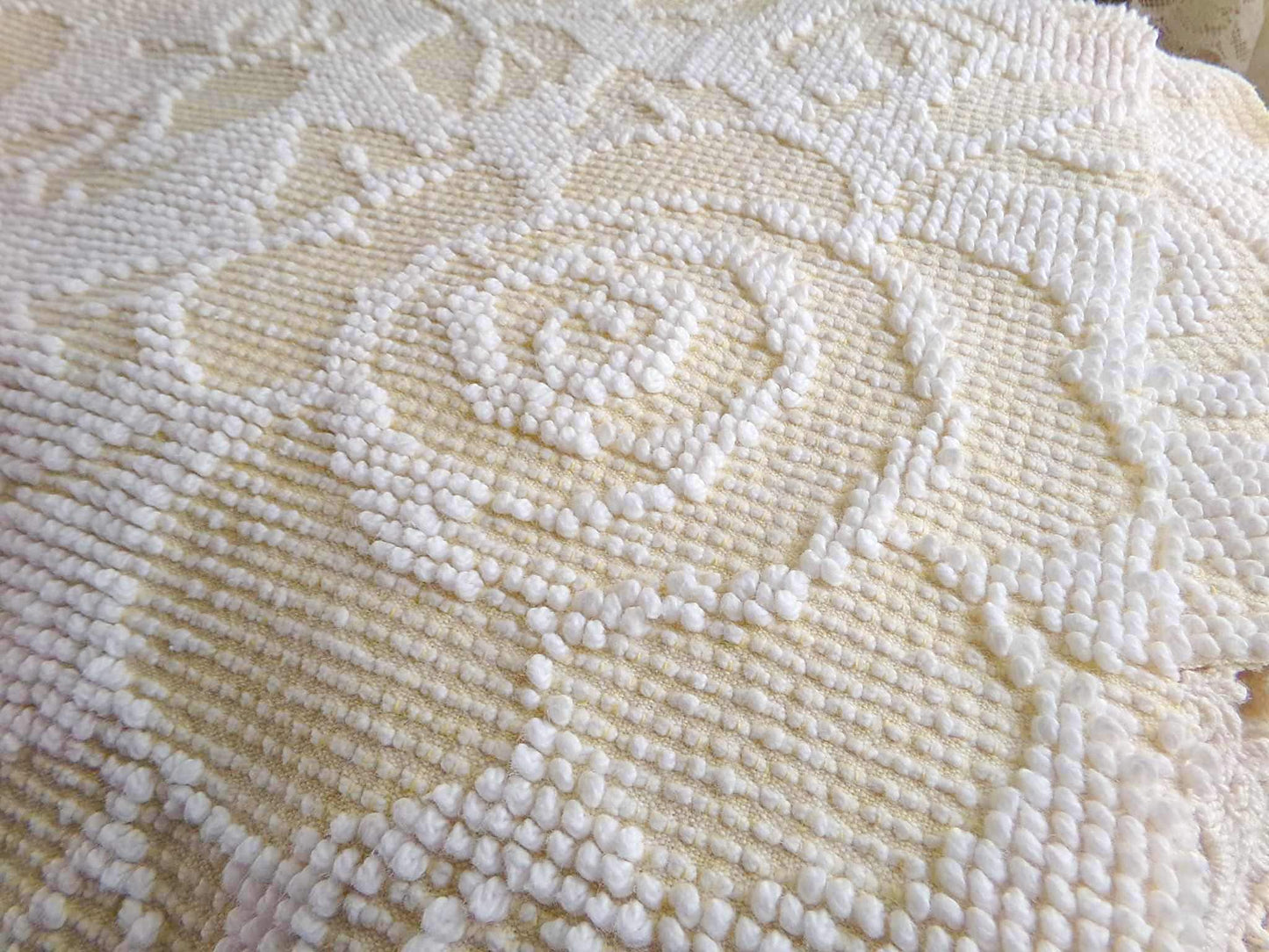 Pastel Yellow & White Cabbage Rose Vintage Woven Chenille Fabric, 24" x 18" inch Piece, Versatile Material in Quilts, Pillows, Tote Bags